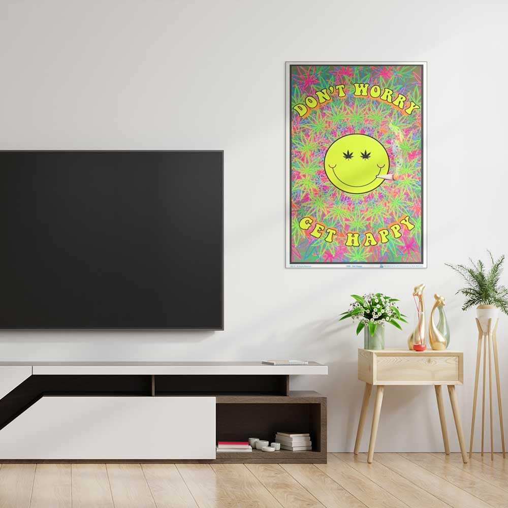 Don't Worry Get Happy - Flocked - Blacklight Poster - 23" x 35"