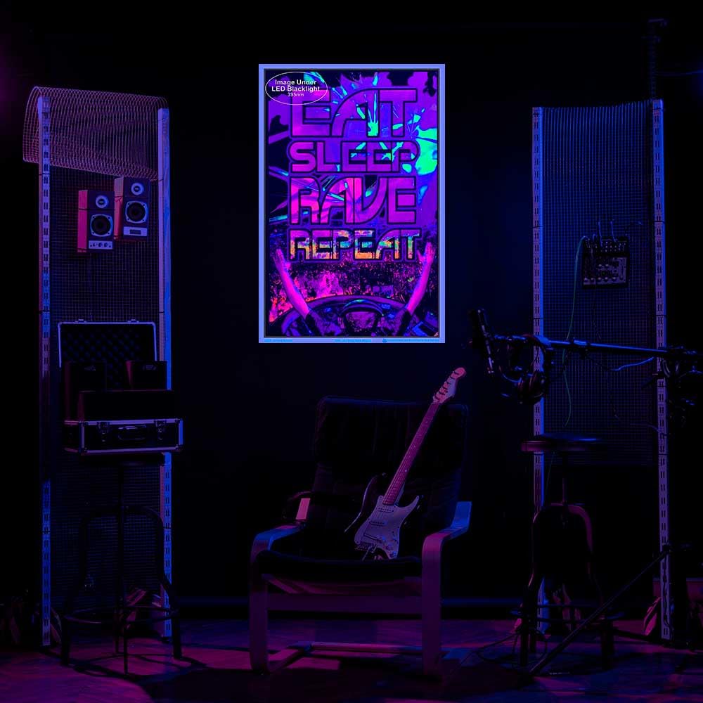 Eat Sleep Rave Repeat - Flocked - Blacklight Poster - 23" x 35"