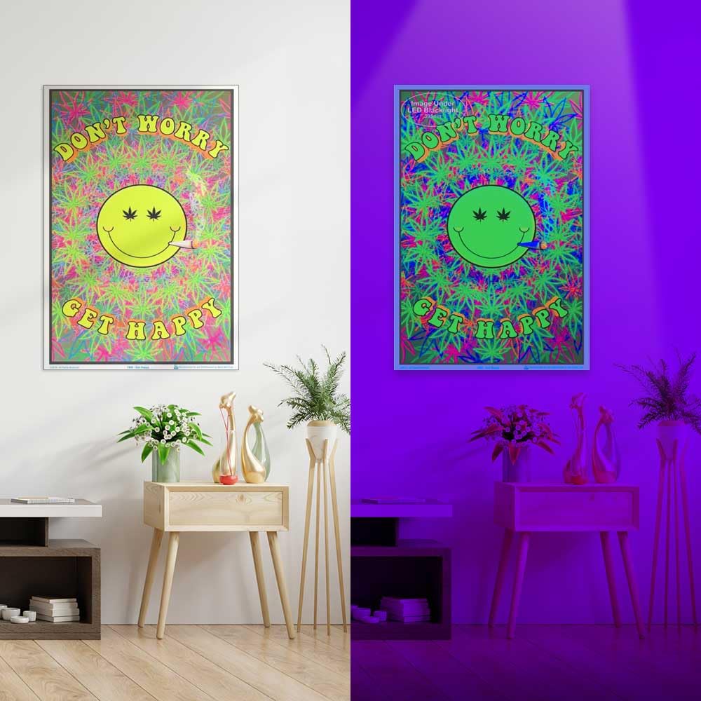 Don't Worry Get Happy - Flocked - Blacklight Poster - 23" x 35"