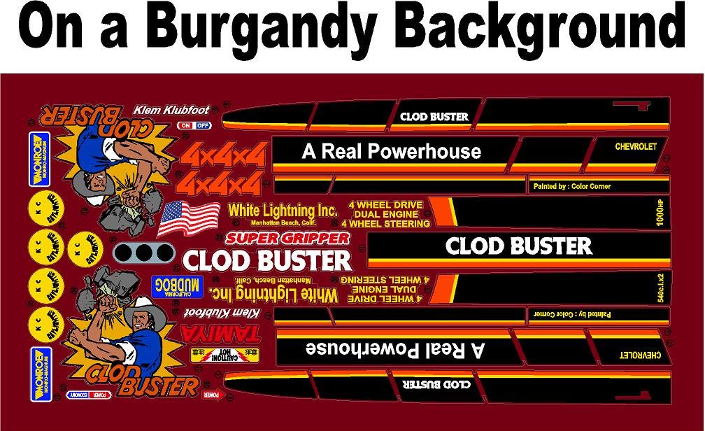 Generic Tamiya Clod Buster Decal Sticker Sheet Reproduction -1/10 Scale on Clear Vinyl R/C Model Decal Sticker Sheet Radio Control Lexan Body - Decorate Your R/c Trucks