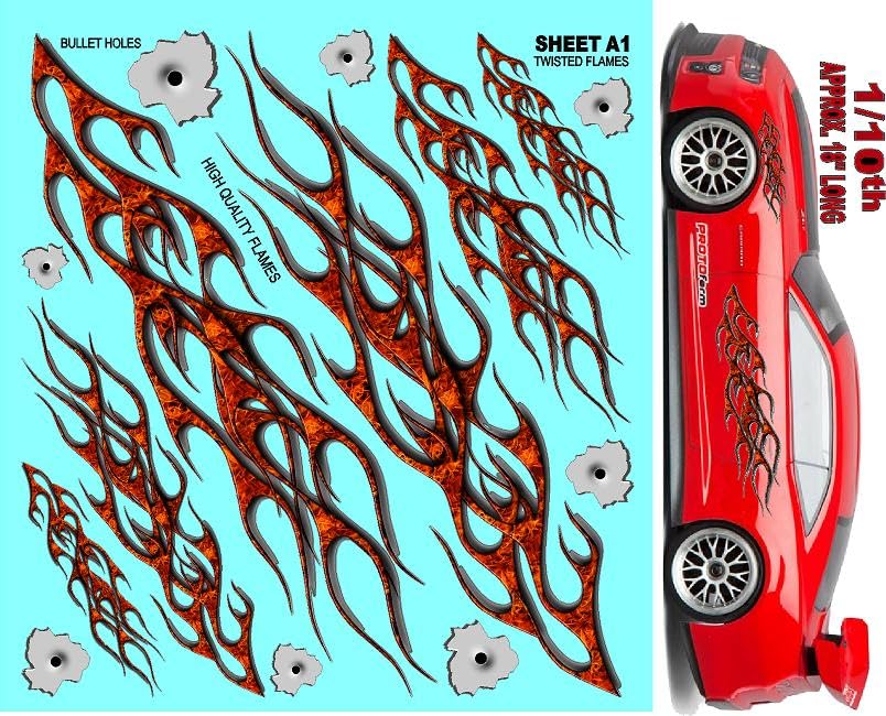 Clear Vinyl Sticker Sheet Twisted Flames A1-1/10th - 1/8th Scale Large 6.8" x 7.5"h for Cars, Trucks, Boats Anywhere You can Imagine - Easy to Apply - R/C Model Decal Radio Control Lexan Body