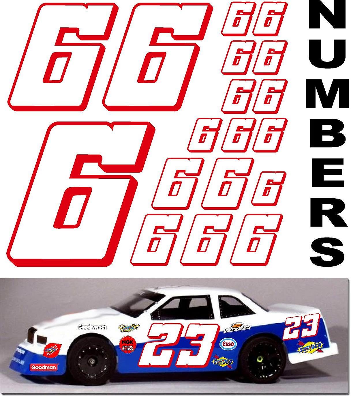 Vinyl Racing Number Decal Sheet #6's White w/Red Outline & Shadow.- Die-Cut to Shape 1/8-1/10-1/12 White Vinyl R/C Model Sticker Sheet Radio Control Lexan Body - Decorate Your R/c Cars, Boats, Trucks