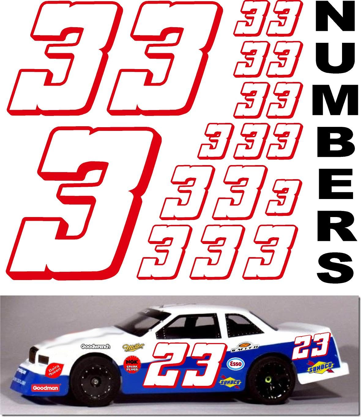 Vinyl Racing Number Decal Sheet #3's White w/Red Outline & Shadow. Die-Cut to Shape 1/8-1/10-1/12 White Vinyl R/C Model Sticker Sheet Radio Control Lexan Body - Decorate Your R/c Cars, Boats, Trucks