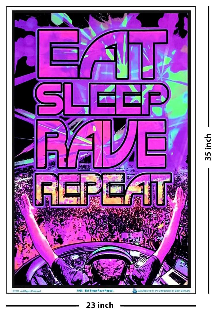 Eat Sleep Rave Repeat - Flocked - Blacklight Poster - 23" x 35"