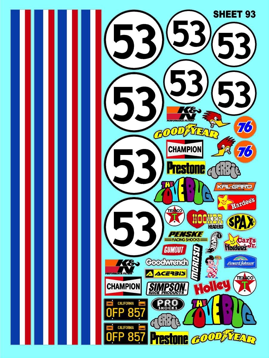 White Vinyl Sticker Variety Sheet Herbie 93 Love Bug - 1/12 to 1/10th Scale R/C Model Decal Sticker Sheet Radio Control Lexan Body