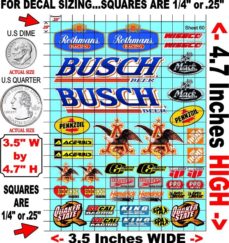 Clear Vinyl R/C Racing Sponsor Sticker Gang Sheet 60-1/24 � 1/16th Scale Model Decal Sticker Sheet Radio Control Lexan Body � Die-Cut to Shape - Peel & Stick � Water Slide