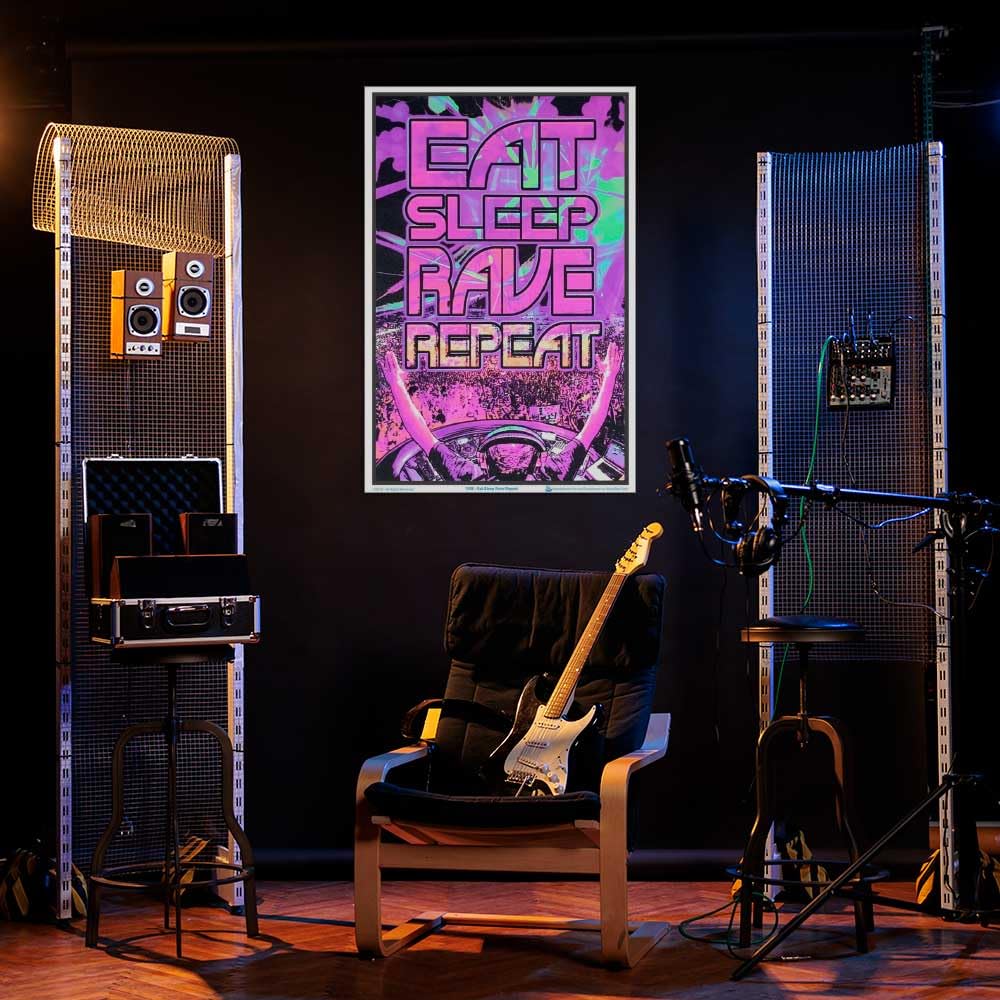 Eat Sleep Rave Repeat - Flocked - Blacklight Poster - 23" x 35"