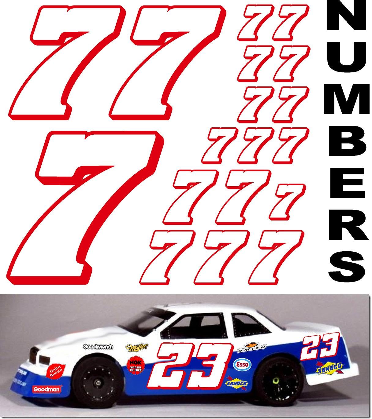 Vinyl Racing Number Decal Sheet #7's White w/Red Outline & Shadow. Die-Cut to Shape 1/8-1/10-1/12 White Vinyl R/C Model Sticker Sheet Radio Control Lexan Body - Decorate Your R/c Cars, Boats, Trucks