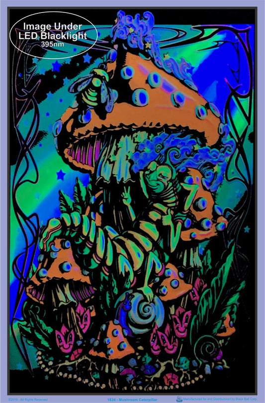 (24x36) Mushroom Caterpillar Fantasy Flocked Blacklight Poster Art Print