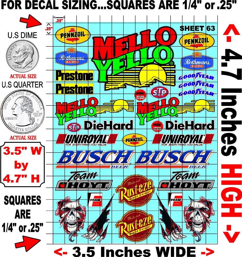 Clear Vinyl R/C Racing Sponsor Sticker Gang Sheet 63-1/24 � 1/16th Scale Model Decal Sticker Sheet Radio Control Lexan Body � Die-Cut to Shape - Peel & Stick � Water Slide
