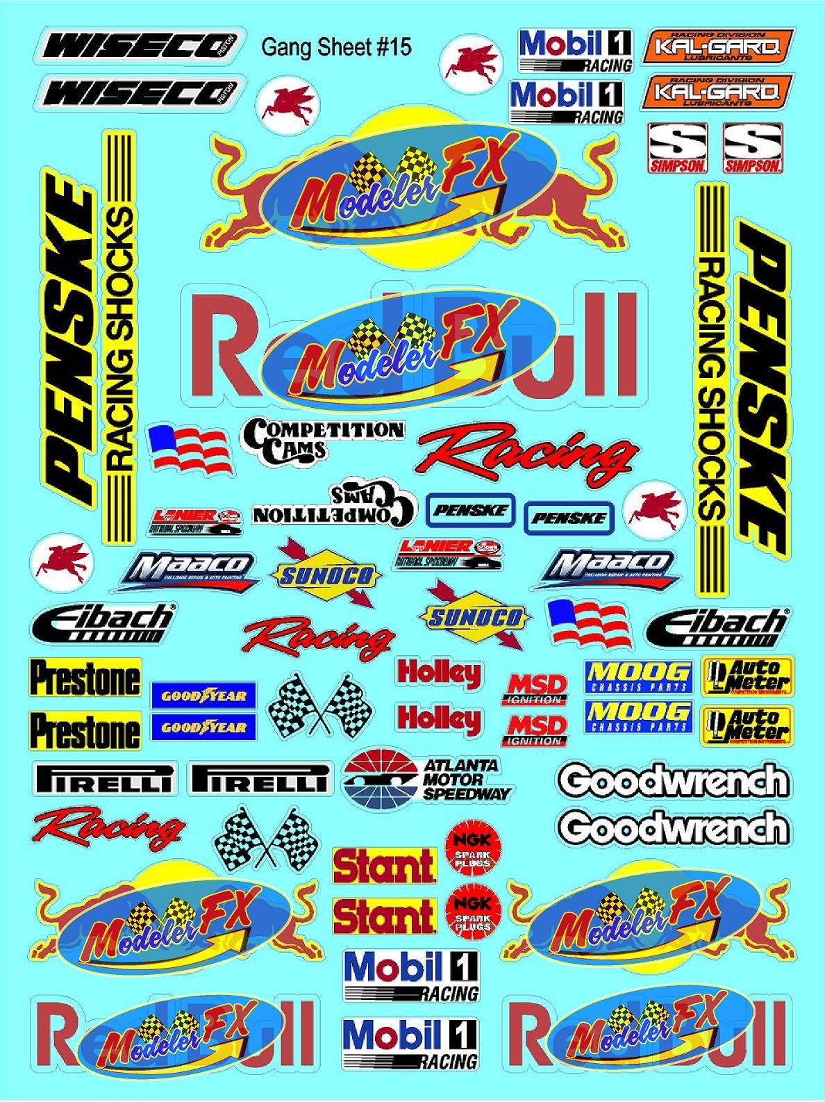 White Vinyl R/C Racing Sponsor Sticker Gang Sheet 15-1/4-1/5 � 1/6th Scale Model Decal Sticker Sheet Radio Control Lexan Body � Die-Cut to Shape - Peel & Stick � Water Slide - Bull - Drinks