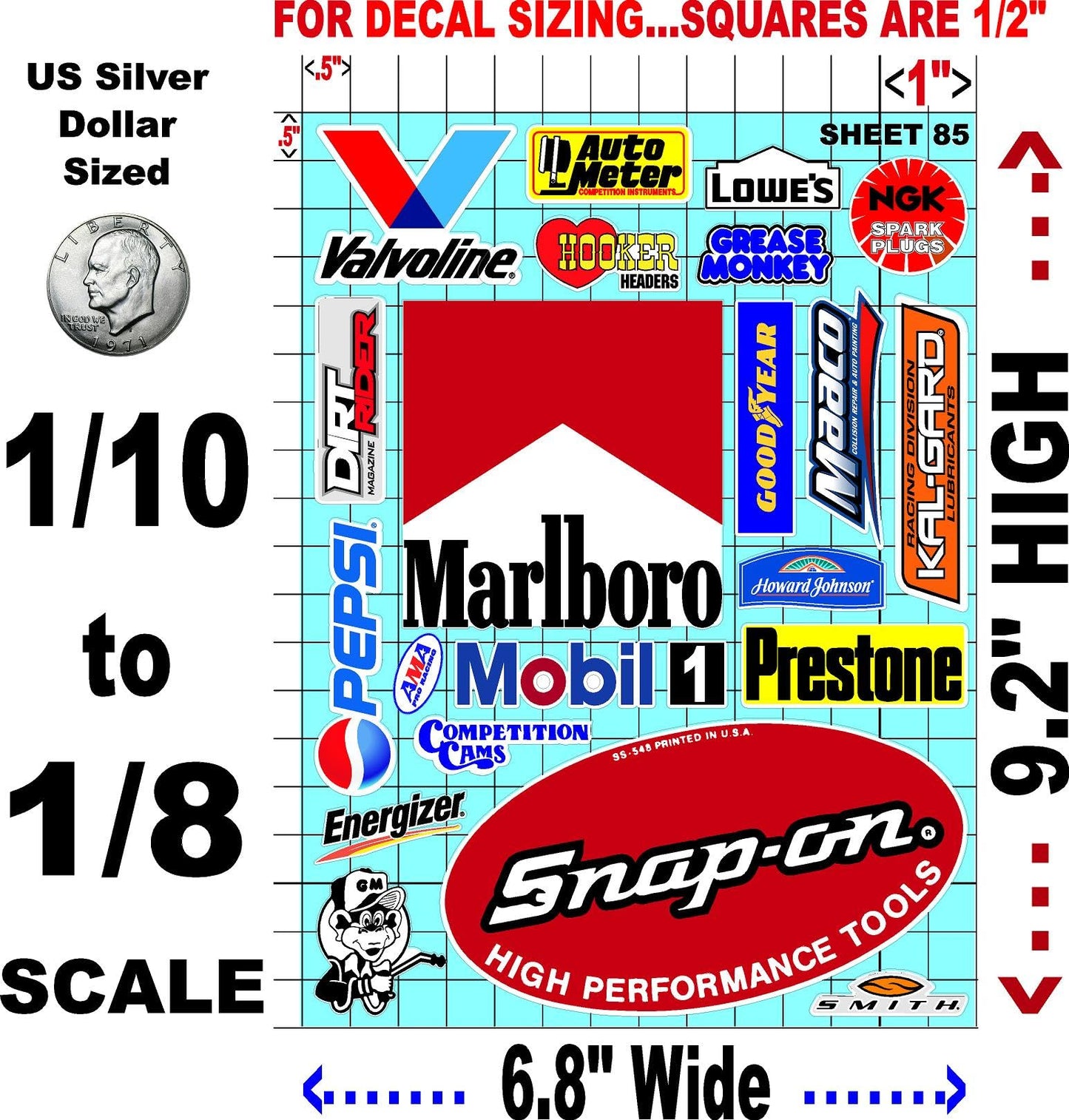 White Vinyl Sticker Variety Sheet 85-1/10th - 1/8th Scale Large 6.8" x 9.2"h Vinyl R/C Model Decal Sticker Sheet Radio Control Lexan Body