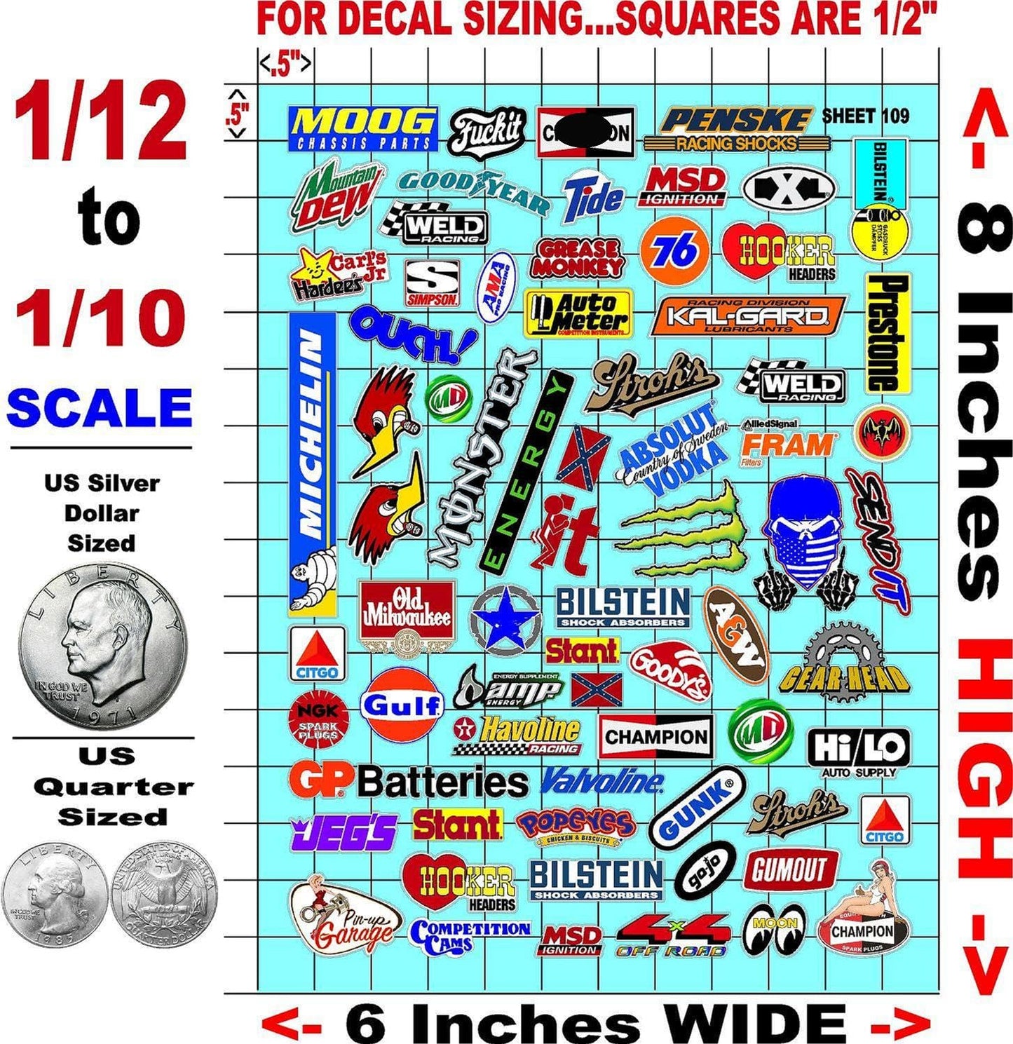 Clear Vinyl Sticker Variety Sheet 109 Variety - 1/12 to 1/10th Scale R/C Model Decal Sticker Sheet Radio Control Lexan Body
