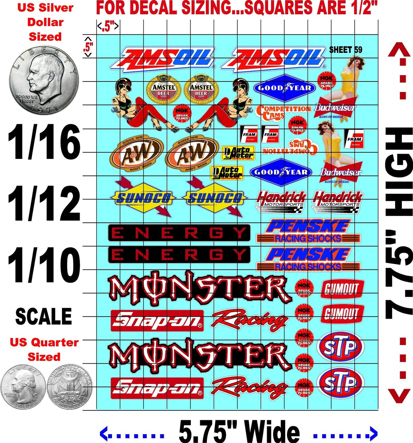 Racing Sponsor Sticker Gang Sheet 59-1/16-1/12-1/10th Scale White Vinyl R/C Model Decal Sticker Sheet Radio Control Lexan Body - Decorate Your R/c Cars, Boats, Trucks Other Scale Model Kit.