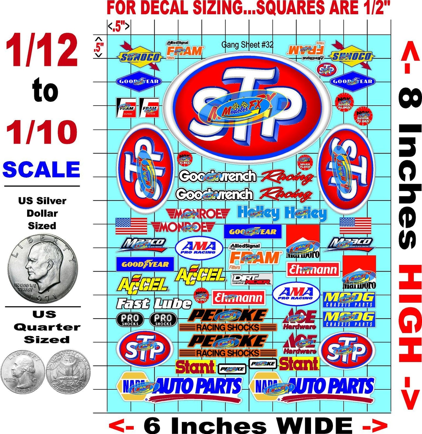 Clear Vinyl Sticker Variety Sheet 32 VarietSTPy - 1/12 to 1/10th Scale R/C Model Decal Sticker Sheet Radio Control Lexan Body