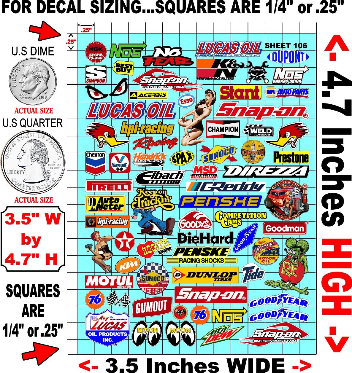 Clear Vinyl Sheet 106 Variety R/C Racing Sponsor Sticker Gang Sheet Good -1/24 – 1/16th Scale Model Decal Sticker Sheet Radio Control Lexan Body – Die-Cut to Shape - Peel & Stick – Water Slide