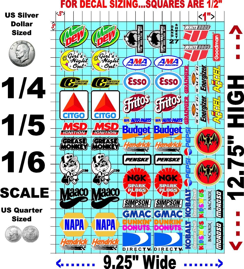 Clear Vinyl R/C Racing Sponsor Sticker Gang Sheet 27-1/4-1/5 � 1/6th Scale Model Decal Sticker Sheet Radio Control Lexan Body � Die-Cut to Shape - Peel & Stick � Water Slide- Chips