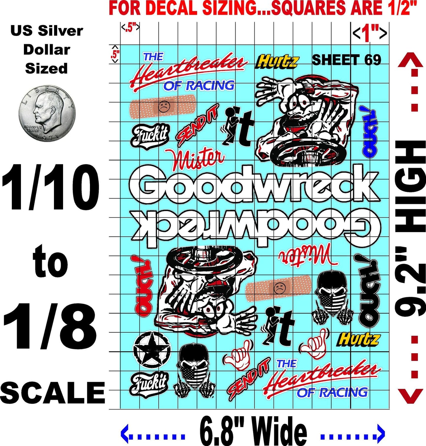 White Vinyl Sticker Variety Sheet 69-1/10th - 1/8th Scale Large 6.8" x 9.2"h Vinyl R/C Model Decal Sticker Sheet Radio Control Lexan Body