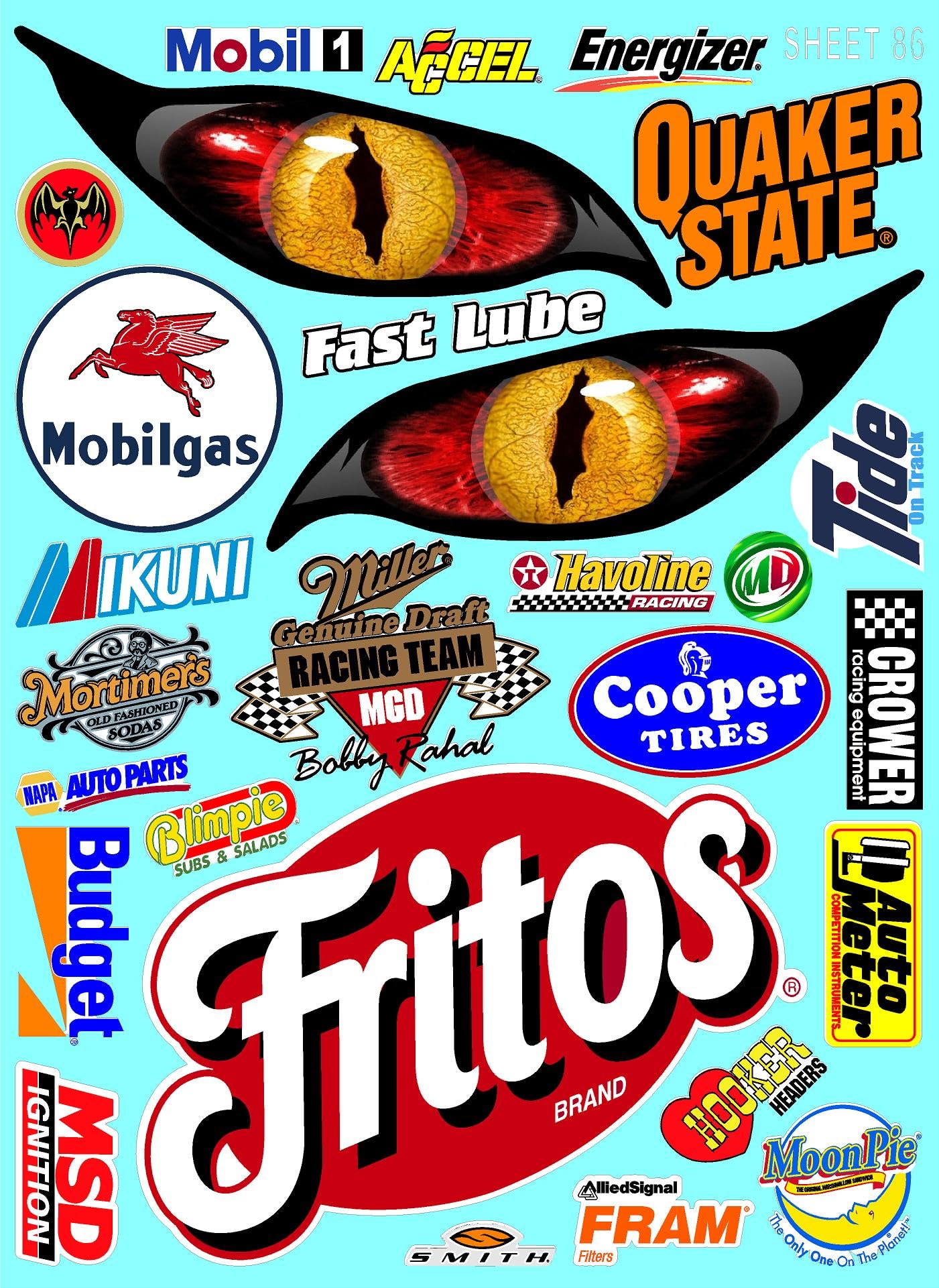 White Vinyl Sticker Variety Sheet 86-1/10th - 1/8th Scale Large 6.8" x 9.2"h Vinyl R/C Model Decal Sticker Sheet Radio Control Lexan Body