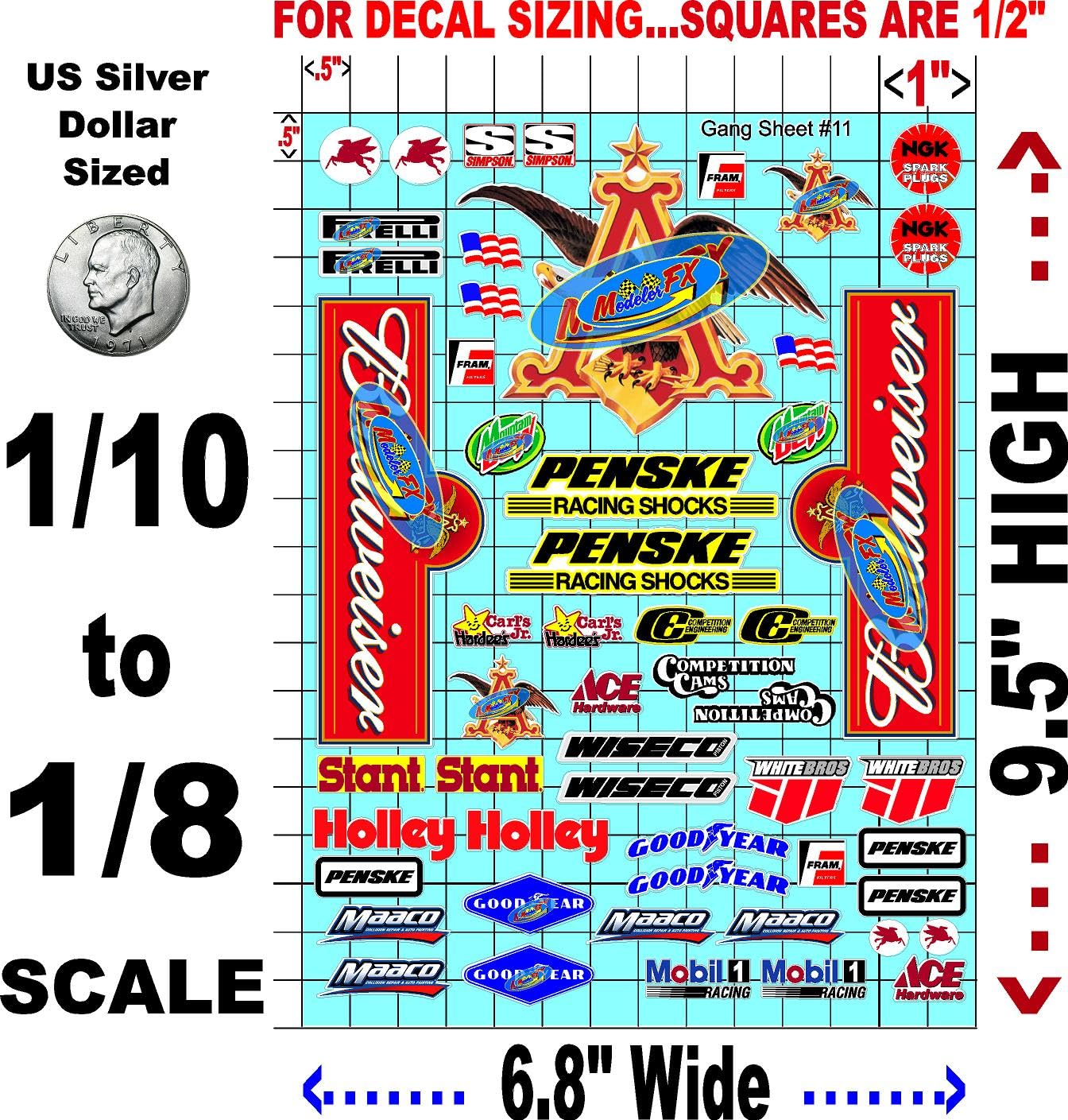 White Vinyl Sticker Sheet 11-1/10th - 1/8th Scale Large 6.8" x 9.2"h Vinyl R/C Model Decal Sticker Sheet Radio Control Lexan Body