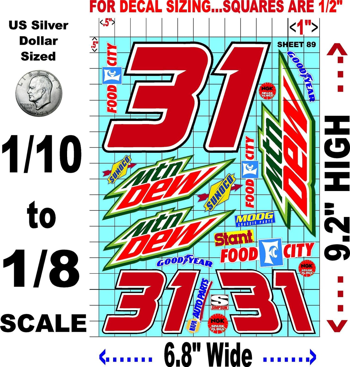 White Vinyl Sticker Variety Sheet 89-1/10th - 1/8th Scale Large 6.8" x 9.2"h Vinyl R/C Model Decal Sticker Sheet Radio Control Lexan Body