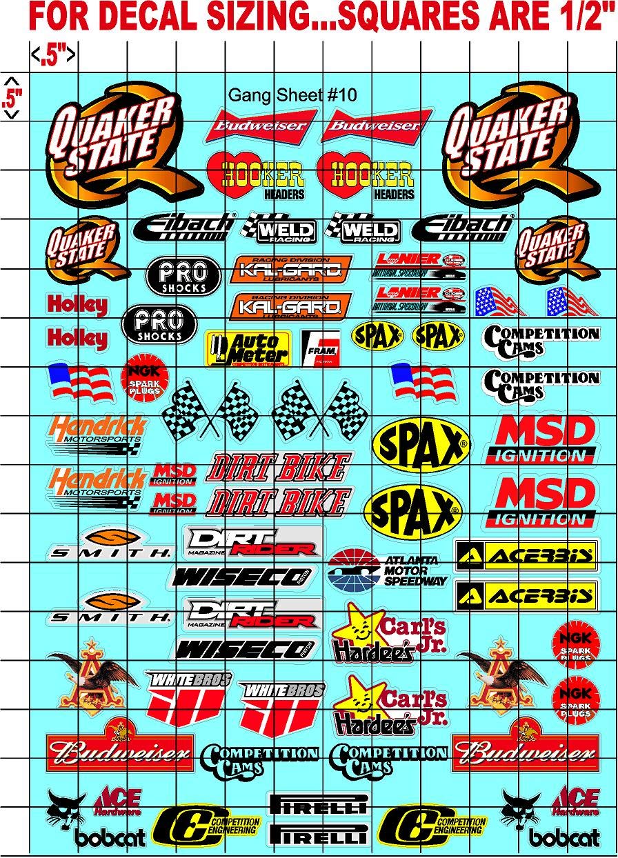 Gang Sheet 10 -QUAKER-1/10 Scale White Vinyl R/C Model Decal Sticker Sheet Radio Control Lexan Body - Decorate Your R/c Cars, Boats, Trucks