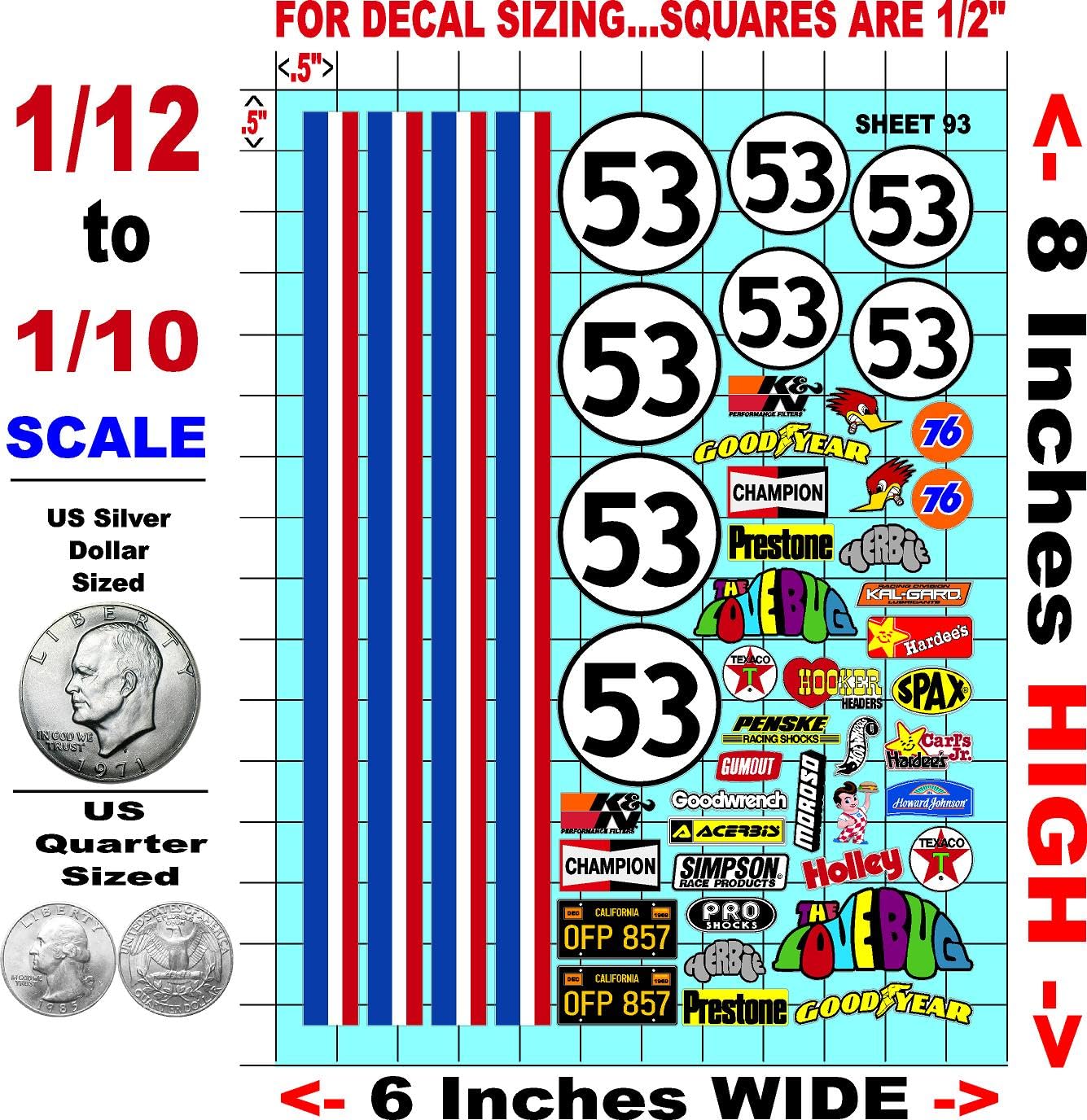 White Vinyl Sticker Variety Sheet Herbie 93 Love Bug - 1/12 to 1/10th Scale R/C Model Decal Sticker Sheet Radio Control Lexan Body
