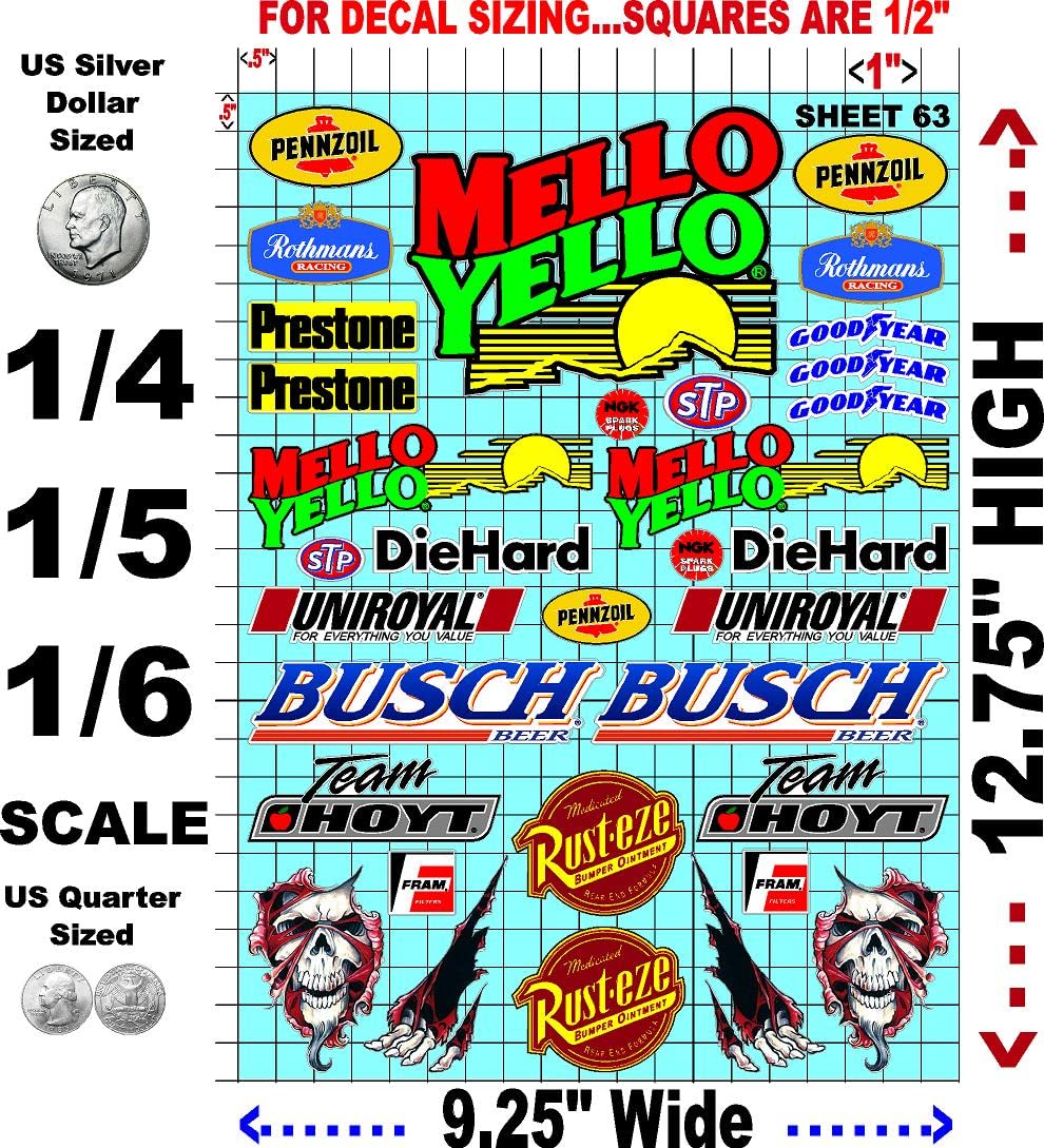 White Vinyl R/C Racing Sponsor Sticker Gang Sheet 63-1/4-1/5 � 1/6th Scale Model Decal Sticker Sheet Radio Control Lexan Body � Die-Cut to Shape - Peel & Stick � Water Slide - Mello - Nostalgic