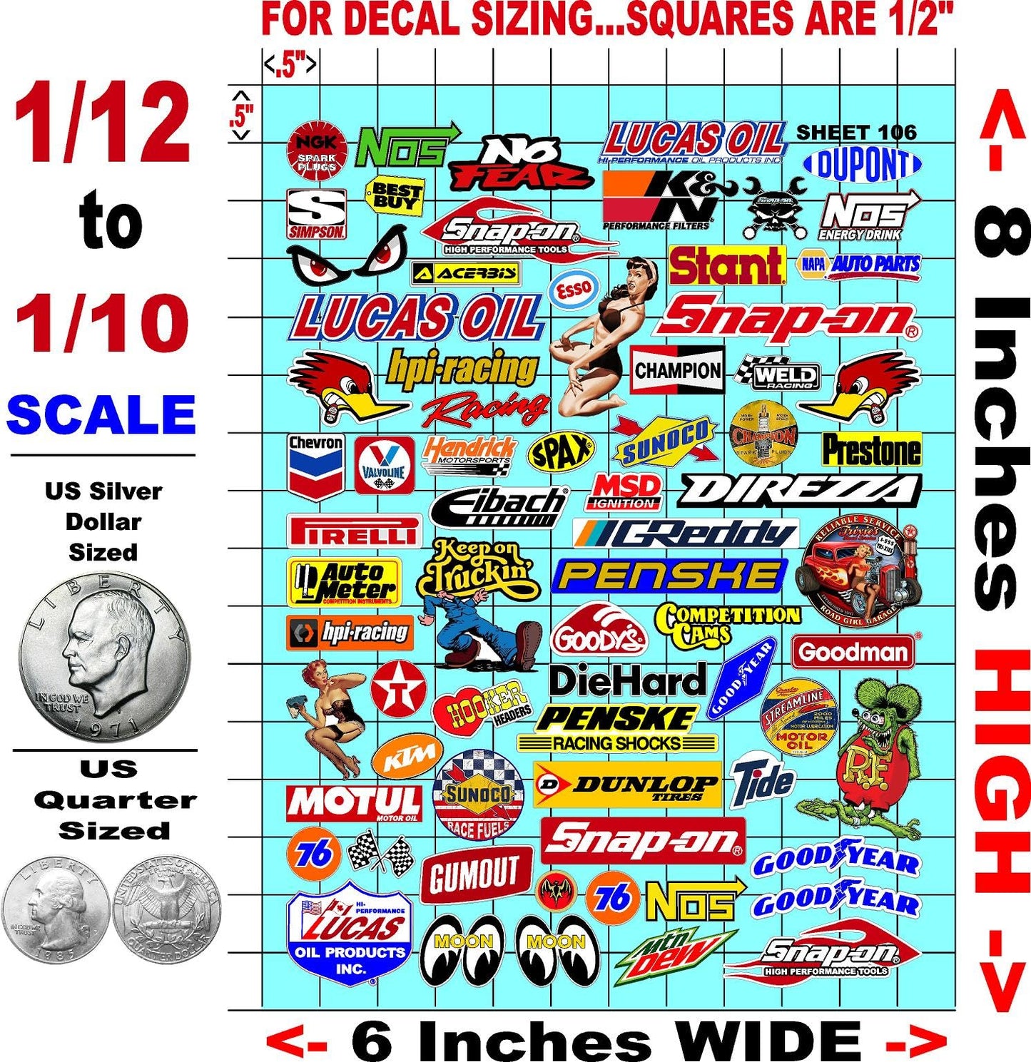 White Vinyl Sticker Sheet 106 Variety - 1/12 to 1/10th Scale R/C Model Decal Sticker Sheet Radio Control Lexan Body