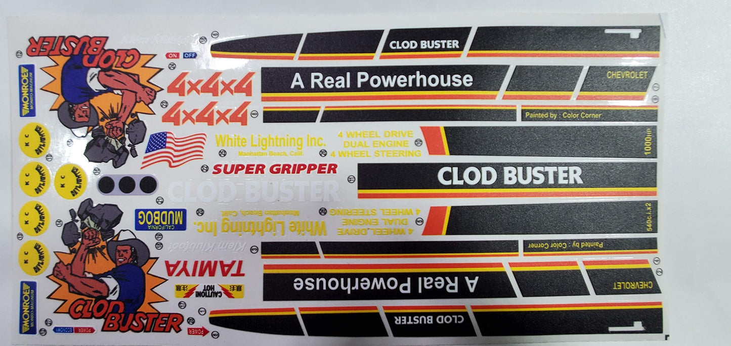 Generic Tamiya Clod Buster Decal Sticker Sheet Reproduction -1/10 Scale on Clear Vinyl R/C Model Decal Sticker Sheet Radio Control Lexan Body - Decorate Your R/c Trucks