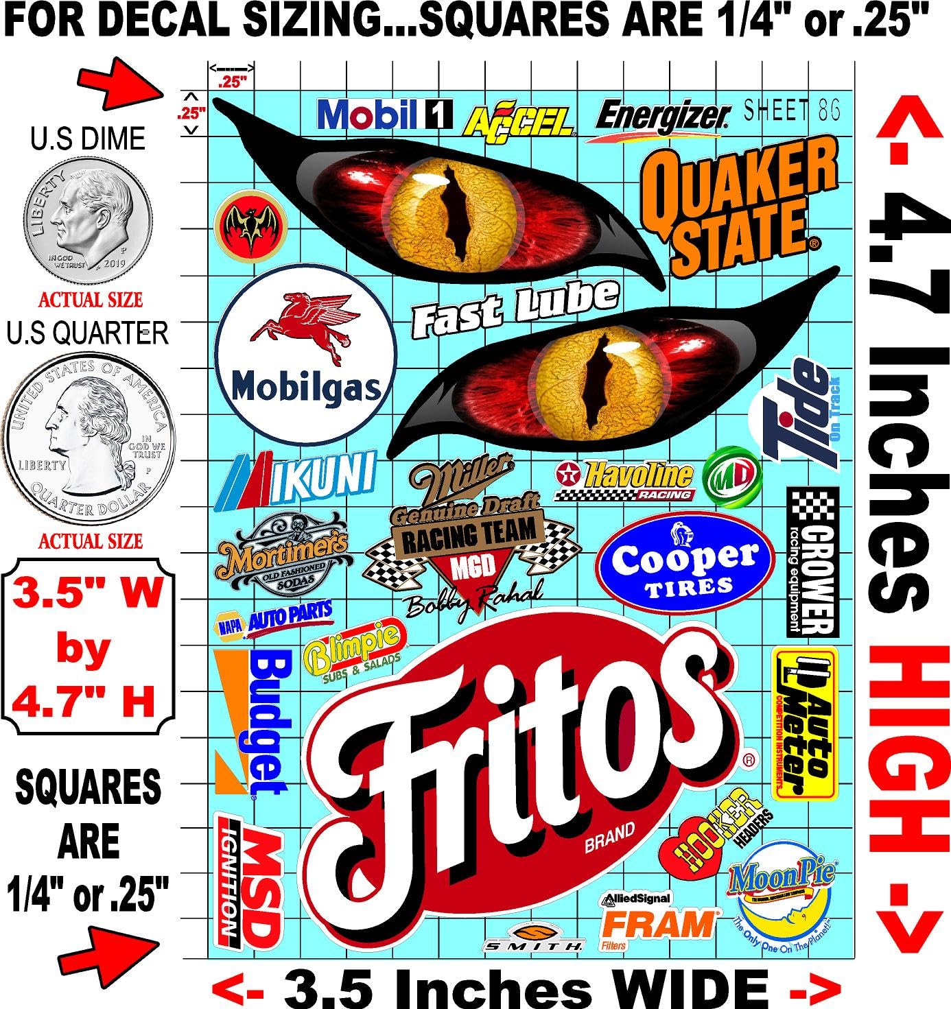 Clear Vinyl 86 R/C Racing Sponsor Sticker Gang Sheet Good -1/24 � 1/16th Scale Model Decal Sticker Sheet Radio Control Lexan Body � Die-Cut to Shape - Peel & Stick � Water Slide