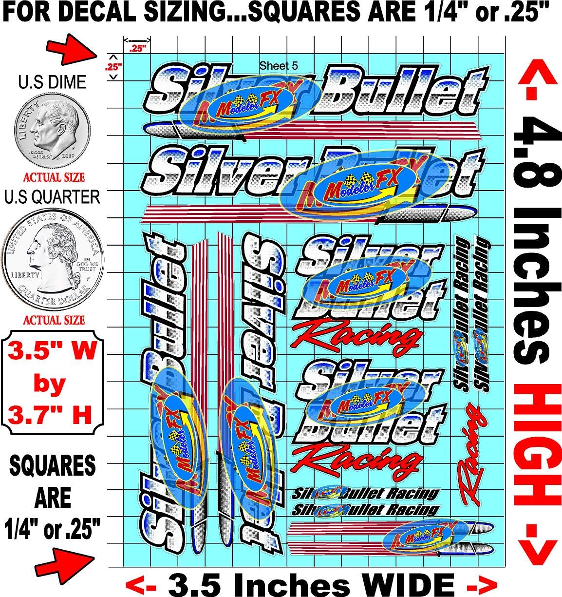 Clear Vinyl Sheet 5 Bullet Variety R/C Racing Sponsor Sticker Gang Sheet -1/24 � 1/16th Scale Model Decal Sticker Sheet Radio Control Lexan Body � Die-Cut to Shape - Peel & Stick � Water Slide
