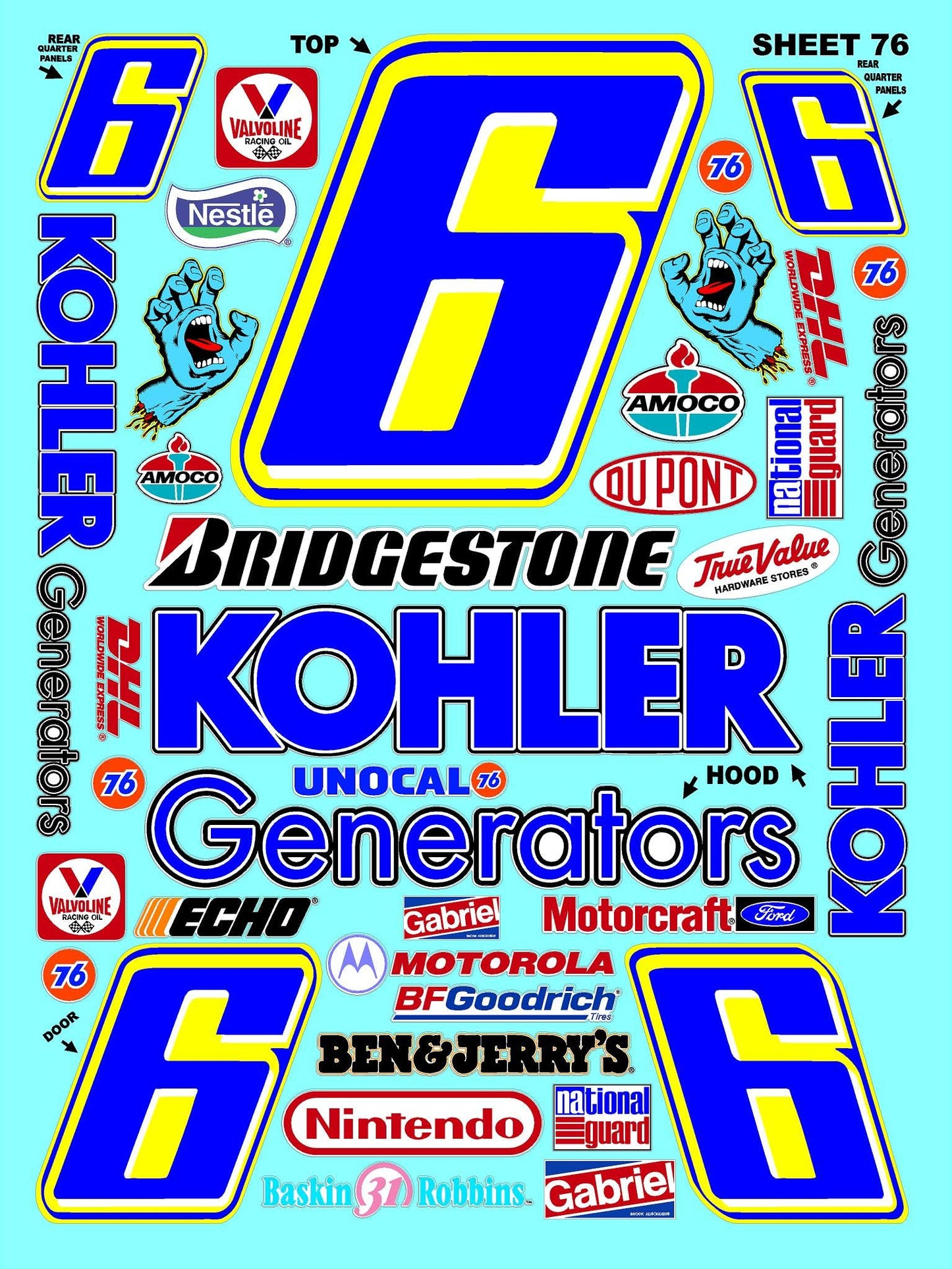 White Vinyl Sticker Variety Sheet 76-1/10th - 1/8th Scale Large 6.8" x 9.2"h Vinyl R/C Model Decal Sticker Sheet Radio Control Lexan Body