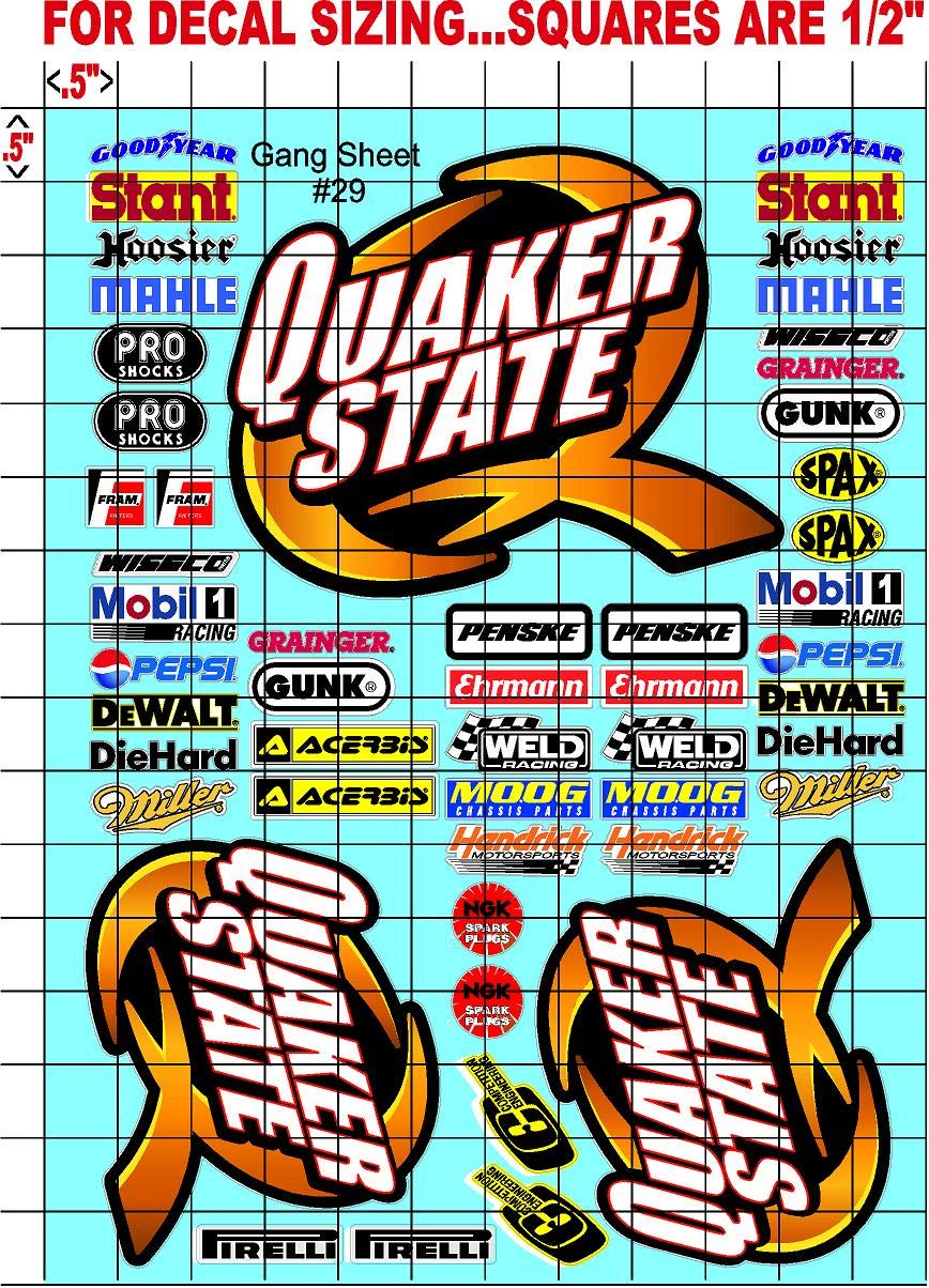 Gang Sheet 29-QUAKER-1/10 Scale White Vinyl R/C Model Decal Sticker Sheet Radio Control Lexan Body - Decorate Your R/c Cars, Boats, Trucks