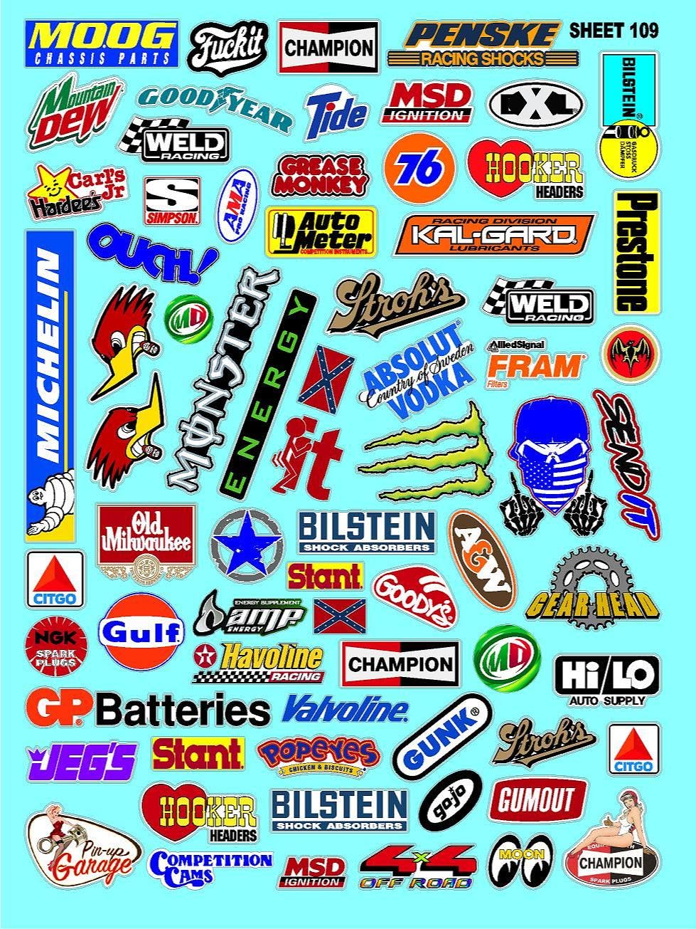White Vinyl Sticker Sheet 109 Variety - 1/12 to 1/10th Scale R/C Model Decal Sticker Sheet Radio Control Lexan Body