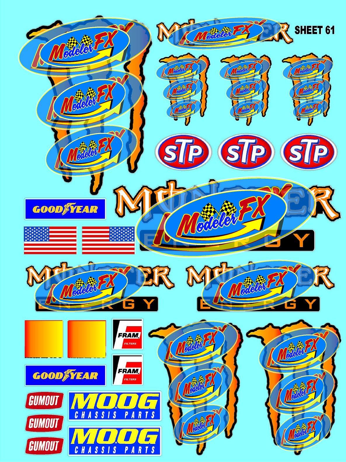 White Vinyl R/C Racing Sponsor Sticker Gang Sheet 61-1/4-1/5 � 1/6th Scale Model Decal Sticker Sheet Radio Control Lexan Body � Die-Cut to Shape - Peel & Stick � Water Slide - Orange - Monsters
