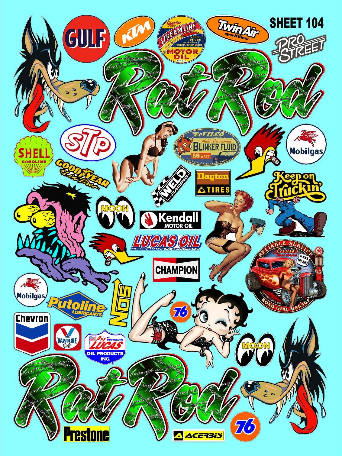 Racing Sponsor Sticker Gang Sheet 104 Rat ROD-1/16-1/12-1/10th Scale White Vinyl R/C Model Decal Sticker Sheet Radio Control Lexan Body - Decorate Your R/c Cars, Boats, Trucks Other Scale Model Kit.