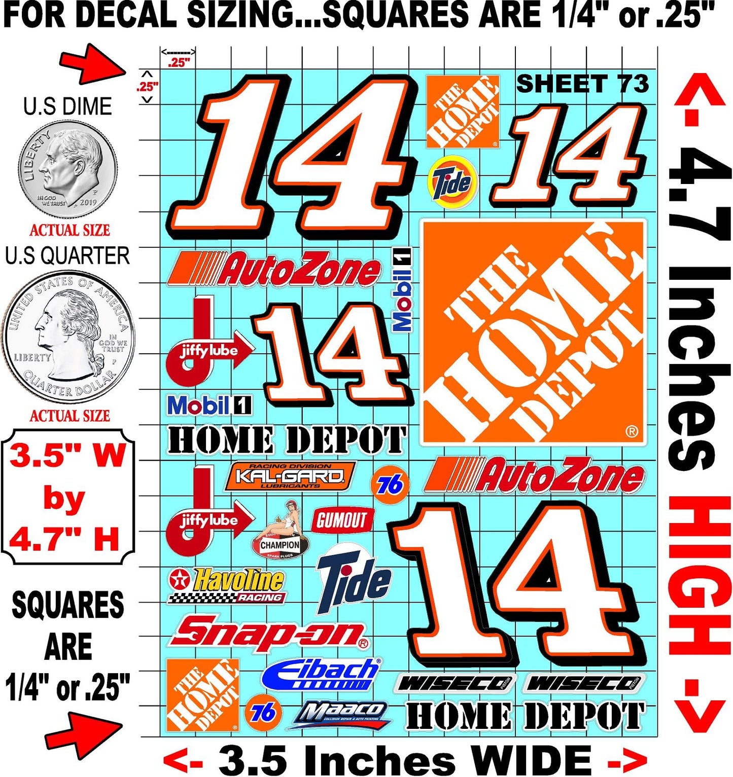 Clear Vinyl 73 R/C Racing Sponsor Sticker Gang Sheet Good -1/24 � 1/16th Scale Model Decal Sticker Sheet Radio Control Lexan Body � Die-Cut to Shape - Peel & Stick � Water Slide