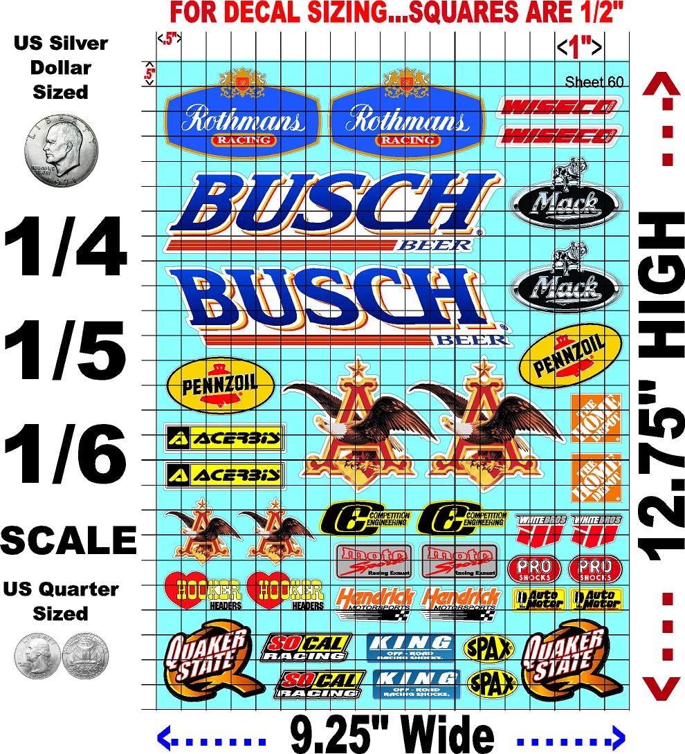 White Vinyl R/C Racing Sponsor Sticker Gang Sheet 60-1/4-1/5 � 1/6th Scale Model Decal Sticker Sheet Radio Control Lexan Body � Die-Cut to Shape - Peel & Stick � Water Slide - Roth - Stickers
