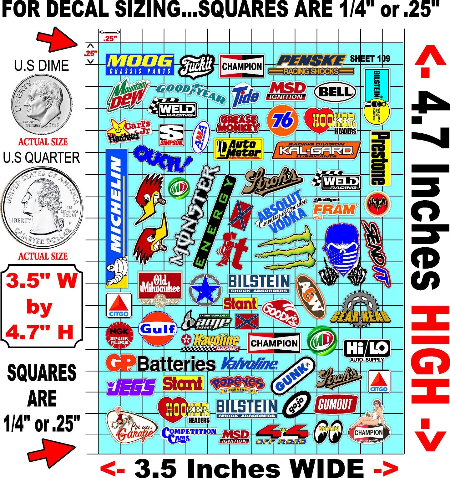 Clear Vinyl Sheet 109 Variety R/C Racing Sponsor Sticker Gang Sheet Good -1/24 � 1/16th Scale Model Decal Sticker Sheet Radio Control Lexan Body � Die-Cut to Shape - Peel & Stick � Water Slide
