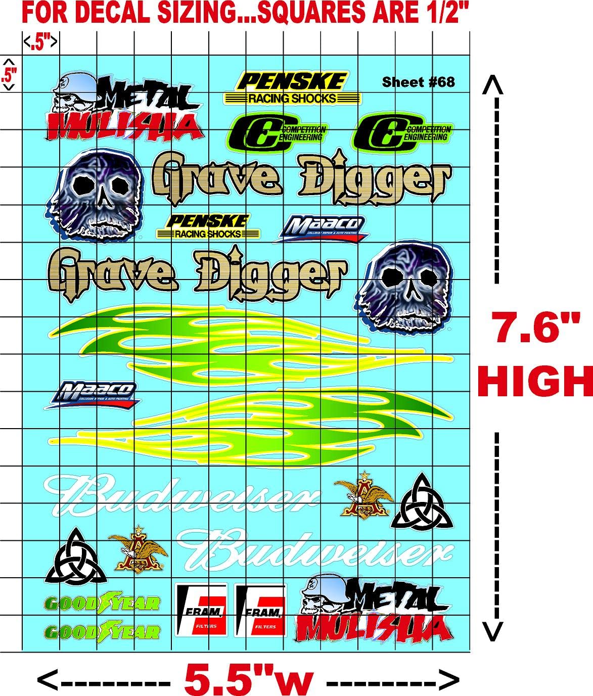Clear Vinyl Sticker Variety Sheet 68-1/12 to 1/10th Scale R/C Model Decal Sticker Sheet Radio Control Lexan Body