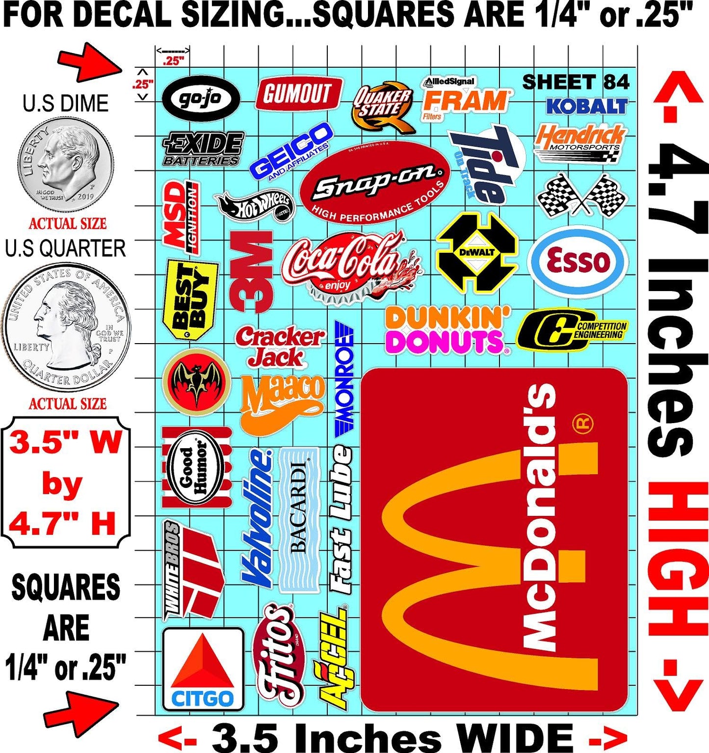 Clear Vinyl 84 R/C Racing Sponsor Sticker Gang Sheet Good -1/24 � 1/16th Scale Model Decal Sticker Sheet Radio Control Lexan Body � Die-Cut to Shape - Peel & Stick � Water Slide