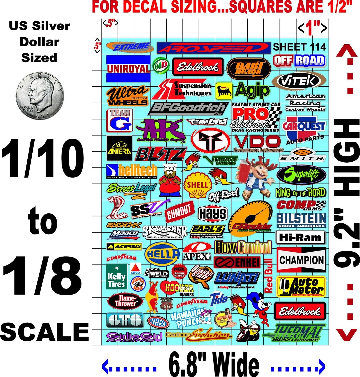 White Vinyl Sticker Sheet 114 Variety-1/10th - 1/8th Scale Large 6.8" x 9.2"h Vinyl R/C Model Decal Sticker Sheet Radio Control Lexan Body