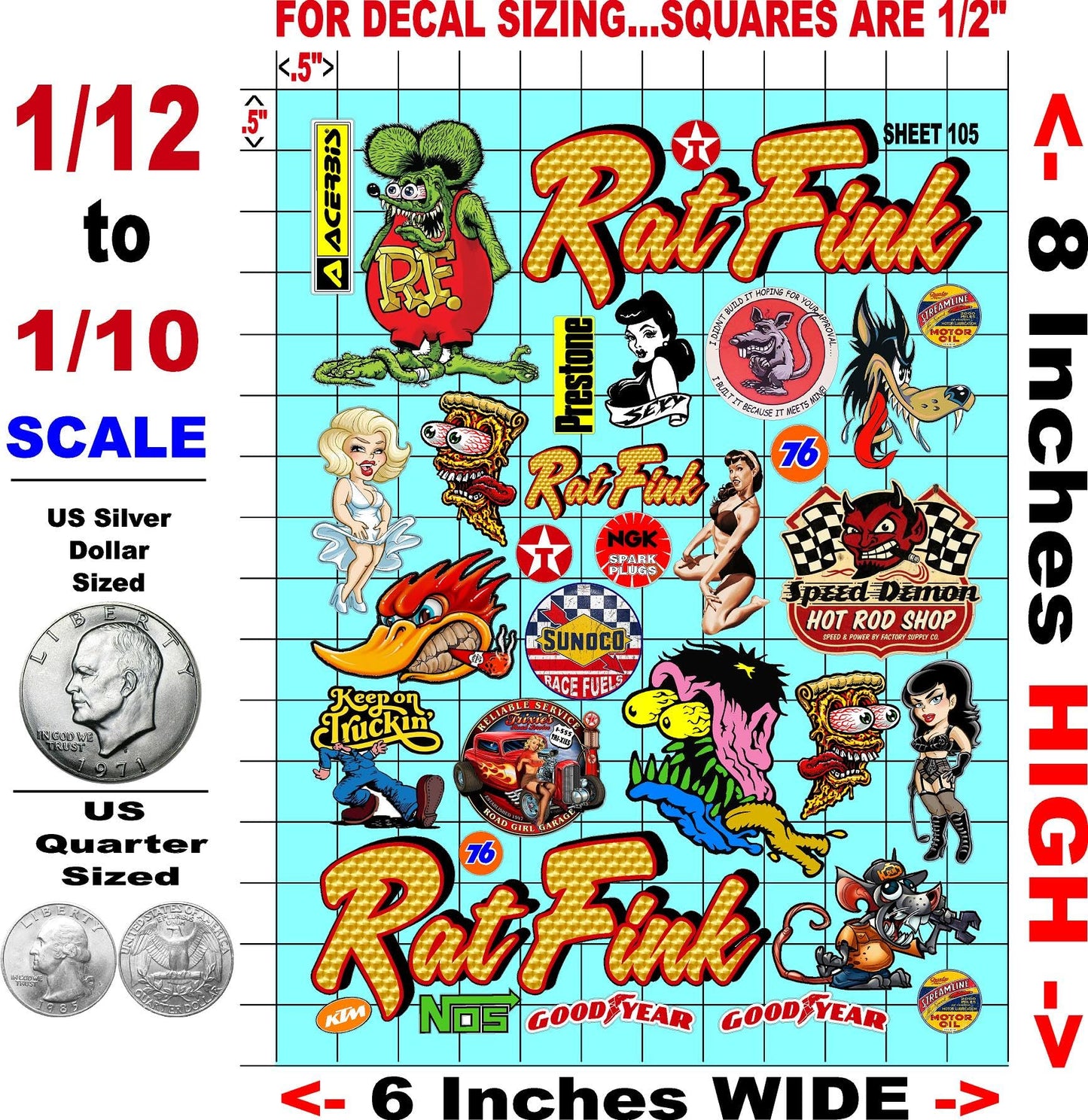 Generic Clear Vinyl Sticker Variety Sheet 105 Rat Fink Rod - 1/12 to 1/10th Scale R/C Model Decal Sticker Sheet Radio Control Lexan Body