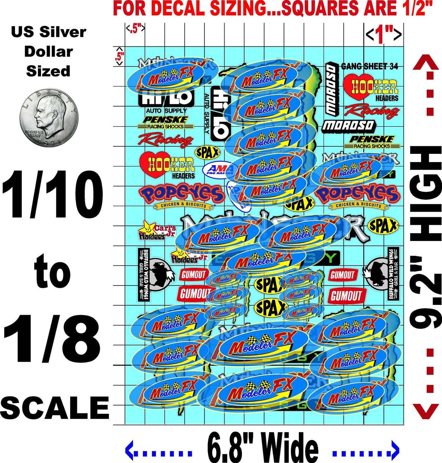 White Vinyl R/C Racing Sponsor Sticker Gang Sheet 34-1/8th � 1/10th Scale Model Decal Sticker Sheet R/C Lexan Body - Decorate Your R/c Cars, Boats, Truck Model � Die-Cut to Shape - Peel & Stick