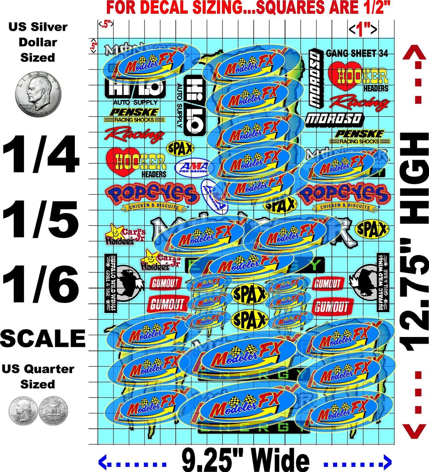 Clear Vinyl R/C Racing Sponsor Sticker Gang Sheet 34-1/4-1/5 � 1/6th Scale Model Decal Sticker Sheet Radio Control Lexan Body � Die-Cut to Shape - Peel & Stick � Water Slide Monsters