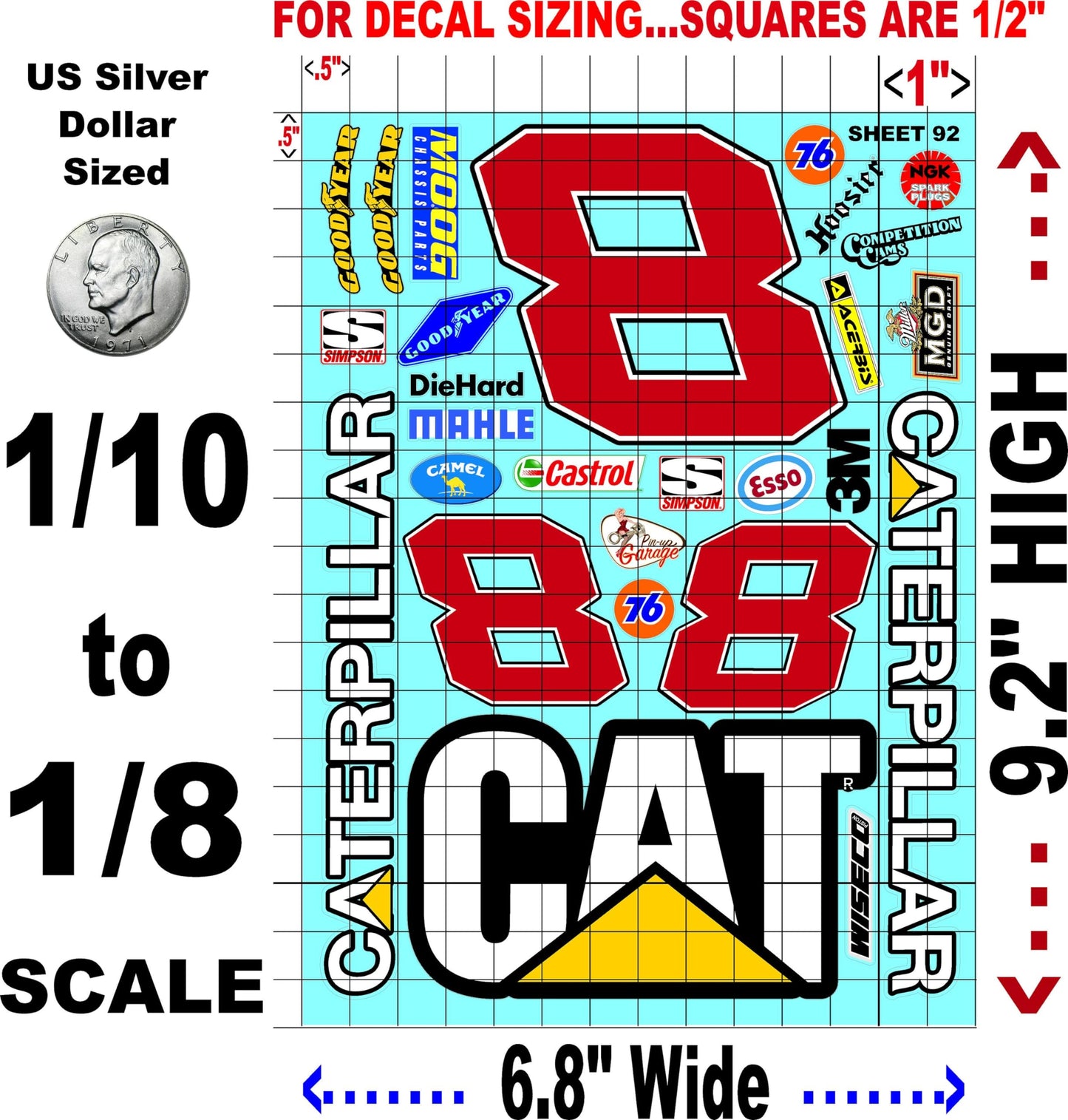 White Vinyl Sticker Variety Sheet 92-1/10th - 1/8th Scale Large 6.8" x 9.2"h Vinyl R/C Model Decal Sticker Sheet Radio Control Lexan Body