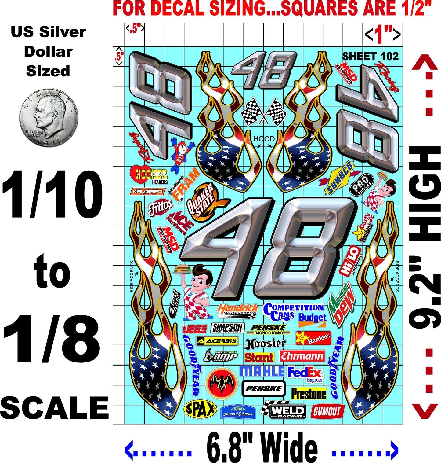 Clear Vinyl Sticker Variety Sheet 102-1/10th - 1/8th Scale Large 6.8" x 9.2"h Vinyl R/C Model Decal Sticker Sheet Radio Control Lexan Body