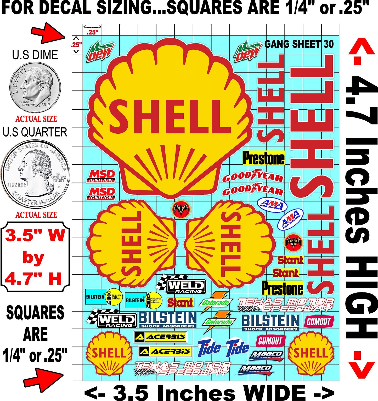 Clear Vinyl R/C Racing Sponsor Sticker Gang Sheet 30 shell-1/24 � 1/16th Scale Model Decal Sticker Sheet Radio Control Lexan Body � Die-Cut to Shape - Peel & Stick � Water Slide