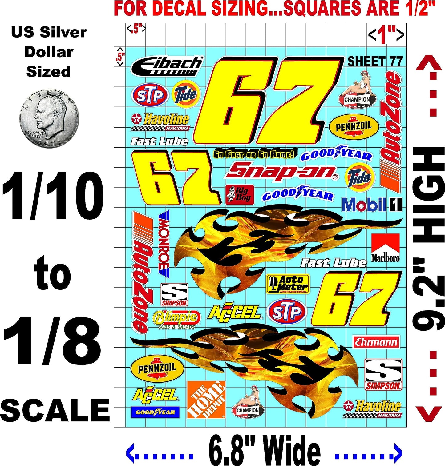 White Vinyl Sticker Variety Sheet 77-1/10th - 1/8th Scale Large 6.8" x 9.2"h Vinyl R/C Model Decal Sticker Sheet Radio Control Lexan Body